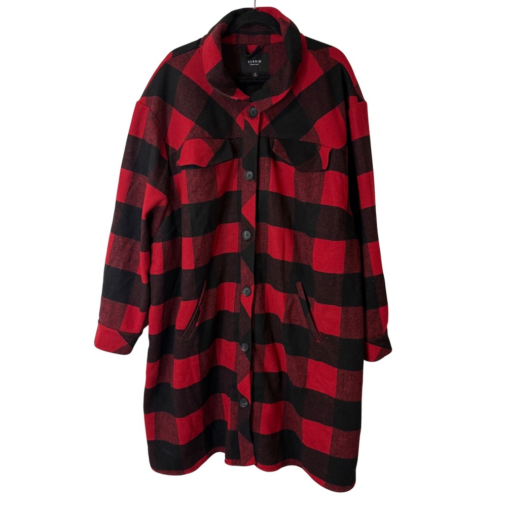 Torrid Wool Blend Relaxed Longline Shacket 6X Red Black Buffalo Plaid Wool Blend